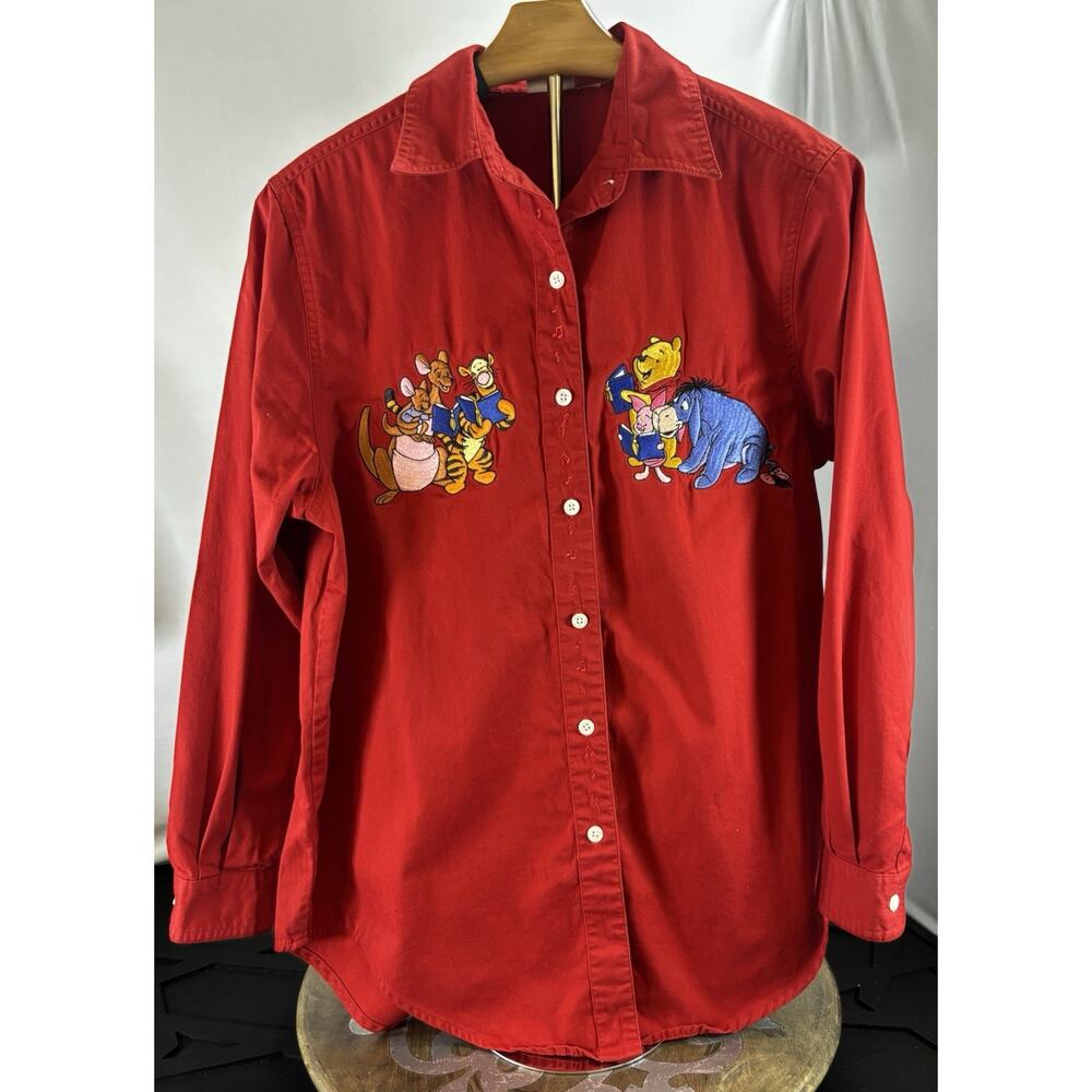 Disney Catalog Womens Fits Large Button Front Shirt Red Pooh Tigger Embroidery